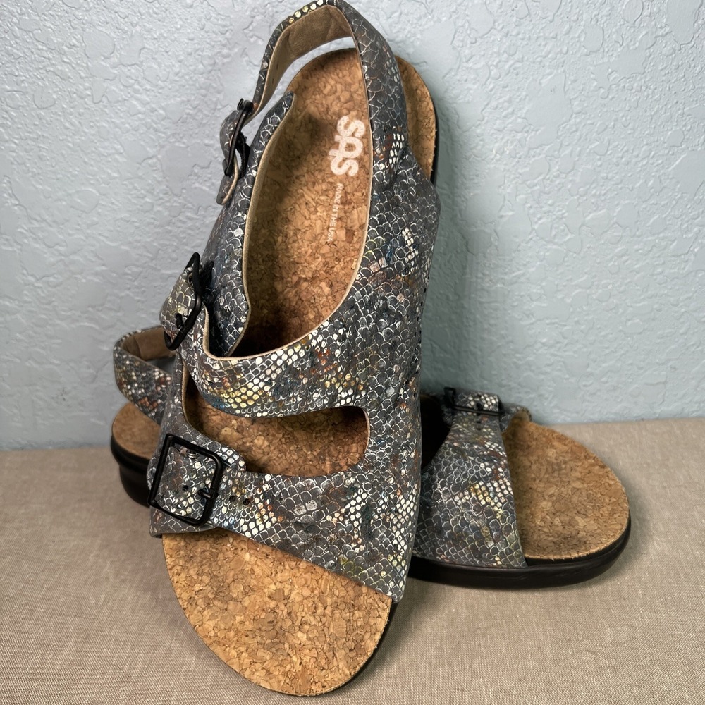 SAS Sandal Women's 11.5 Wide Silver Blue Metallic Cork Relaxed‎ Heel Strap